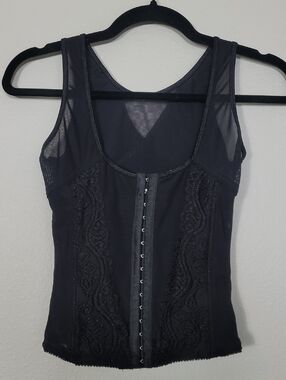 Diana Secret Hook & Eye Corset Shapewear Tank Top Size Medium Black Lace Mesh